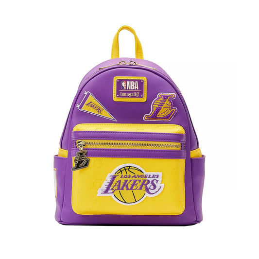 Mochila pequeña Loungefly de poliuretano con parches de los Lakers de la NBA de 10" en morado