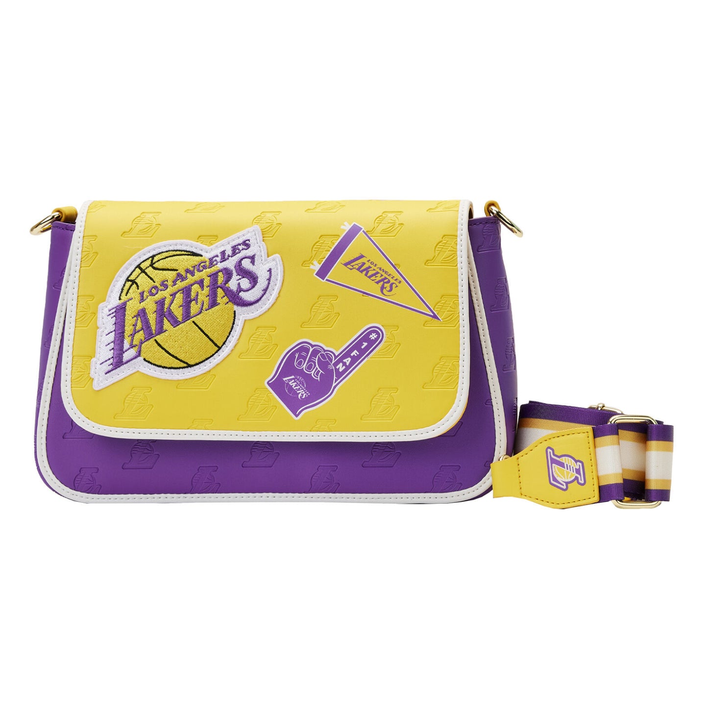 Bolso bandolera Loungefly de 7" con parches de la NBA Los Angeles Lakers en piel sintética, morado y amarillo