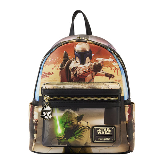 Mochila Loungefly de poliuretano de 10" con escena del Episodio II de Star Wars y el ataque de los clones, multicolor
