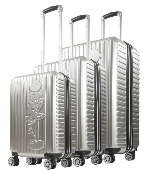 Disney Mickey Mouse Striped ABS 3 Pc Set Spinner Luggage Set - Silver