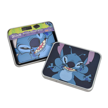 Cartera plegable de Stitch de Disney en un estuche de hojalata decorativo