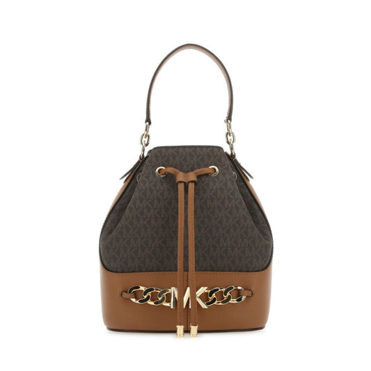 Bolso tipo cubo mediano con logotipo Devon de Michael Kors, marrón/bellota