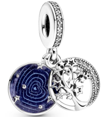 Charm doble colgante con forma de árbol y luna galáctica en plata de ley 925 de Ragazza Studio