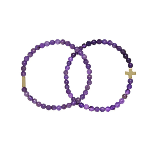 Pulsera elástica de oro y amatista para mujer (juego de 2) - Pequeña/mediana