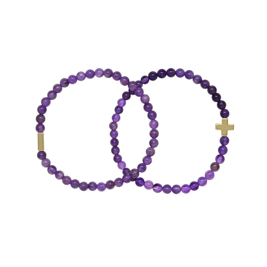 Pulsera elástica de oro y amatista para mujer (juego de 2) - Mediana/Grande