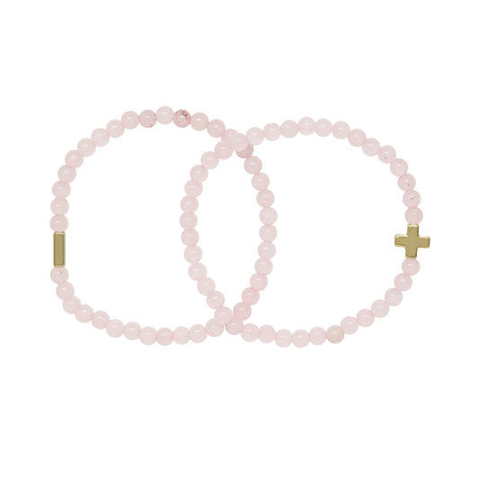 Pulsera elástica de oro y cuarzo rosa para mujer (juego de 2) - Pequeña/mediana