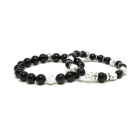 Mr. Ettika Men's Onyx and Howlite Beaded Elastic Bracelet (Set of 2)