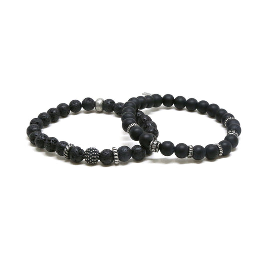 Mr. Ettika Men's Lava Stone Beaded Elastic Bracelet (Set of 2)