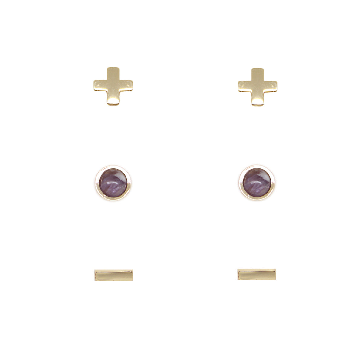 Charged Women's 18K Gold Plated Amethyst Stud Earrings (Set of 3)