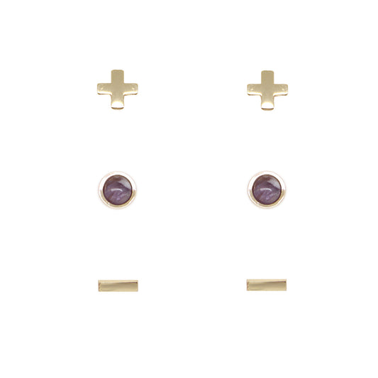 Charged Women's 18K Gold Plated Amethyst Stud Earrings (Set of 3)