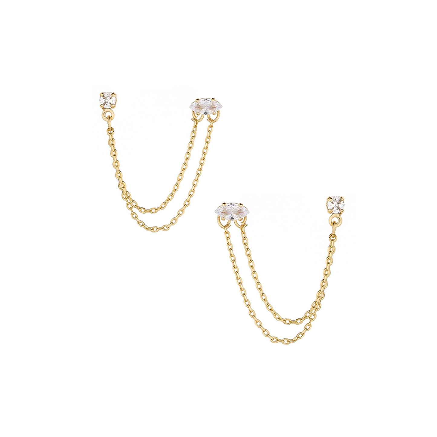 Ettika White Crystal Women's 18k Gold Plated Dangle Earrings with Two Hole Piercing Chain