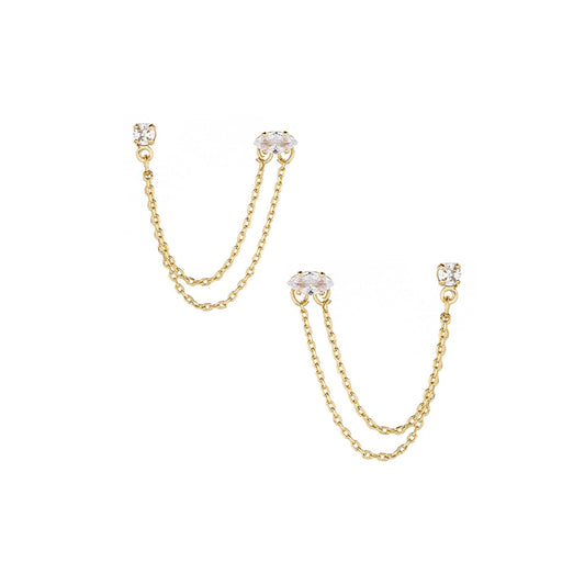 Ettika White Crystal Women's 18k Gold Plated Dangle Earrings with Two Hole Piercing Chain