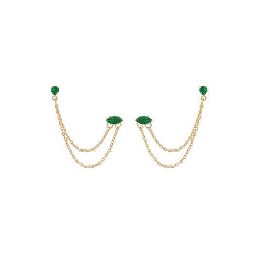 Ettika Emerald Crystal Women's 18k Gold Plated Dangle Earrings with Two Hole Piercing Chain