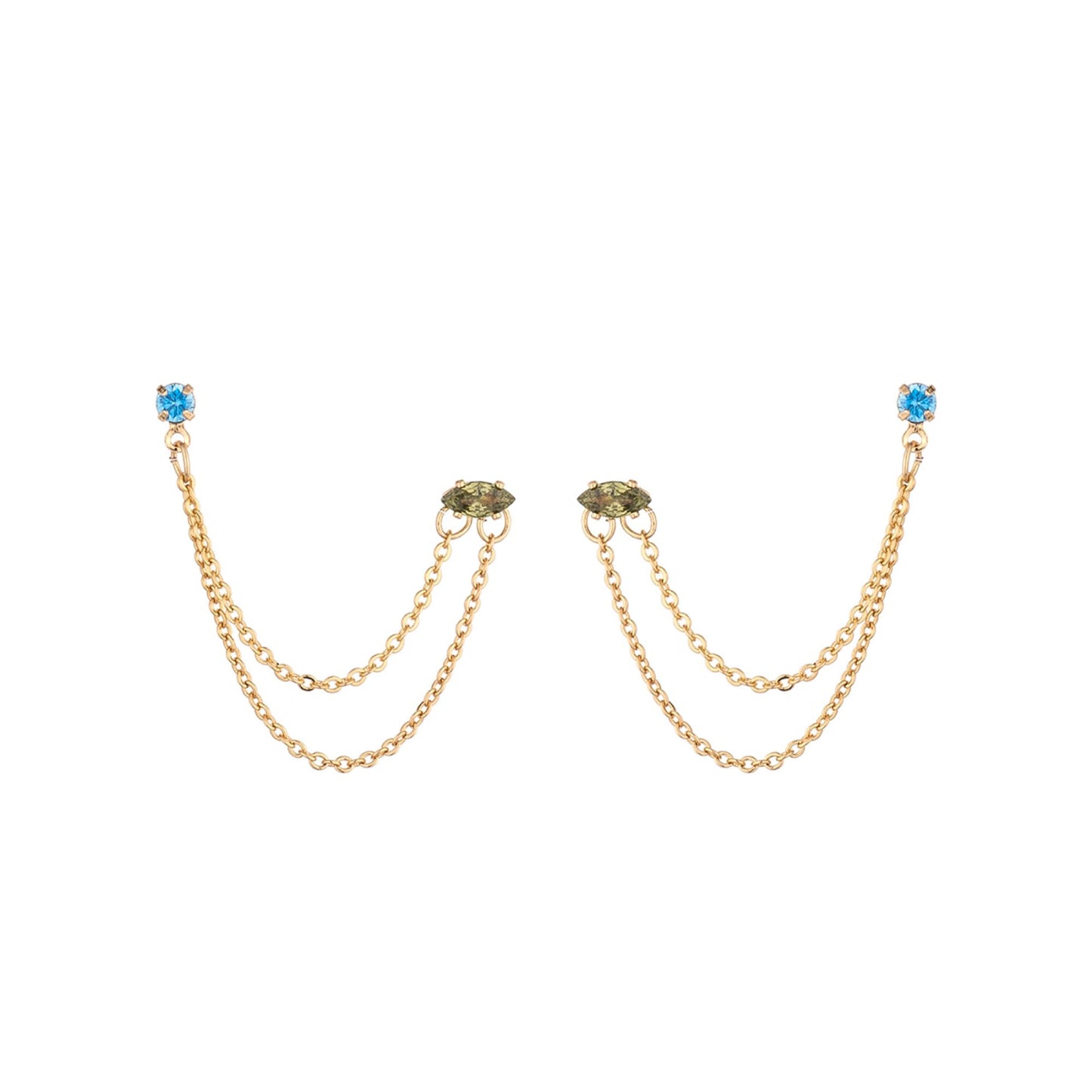 Ettika Blue Crystal Women's 18k Gold Plated Dangle Earrings with Two Hole Piercing Chain