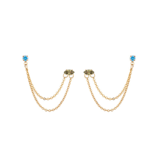 Ettika Blue Crystal Women's 18k Gold Plated Dangle Earrings with Two Hole Piercing Chain