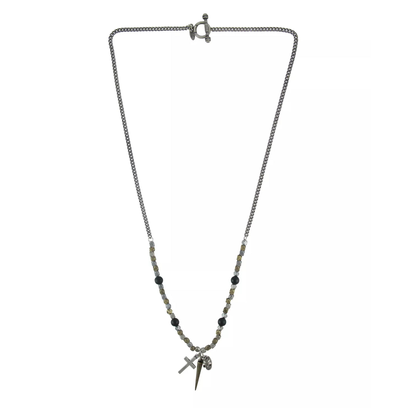 Mr. Ettika Men's Faceted Bead Necklace with Spike, Cross and Skull