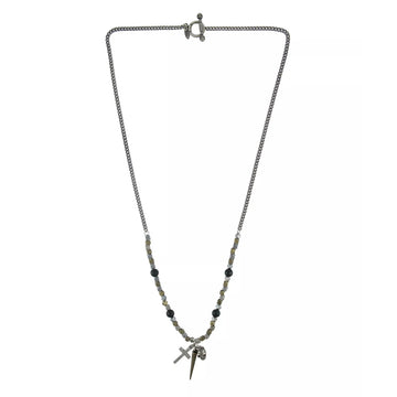 Mr. Ettika Men's Faceted Bead Necklace with Spike, Cross and Skull in Metal