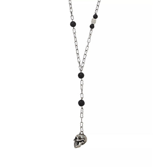 Mr. Ettika Ox Chain Lariat with Lava Beads and Skull Charm