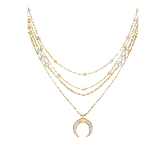 Ettika Layered Gold Chain and Crescent Horn 18k Gold Plated Necklace