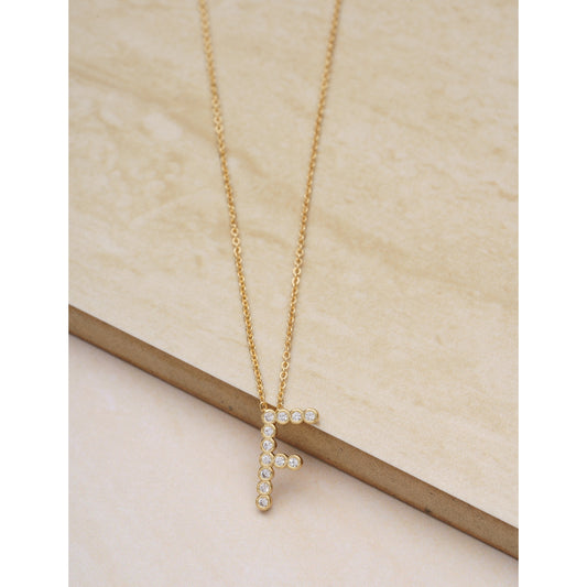 Ettika 16.5" Simple Crystal Initial "F" Pendant Necklace in 18k Gold Plate Over Brass and Steel