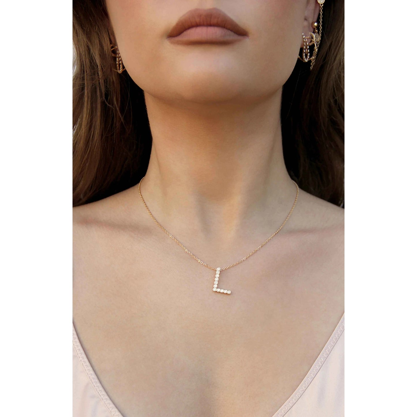 Ettika 16.5" Simple Crystal Initial "L" Pendant Necklace in 18k Gold Plate Over Brass and Steel