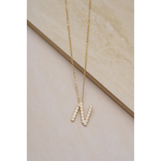 Ettika 16.5" Simple Crystal Initial "N" Pendant Necklace in 18k Gold Plate Over Brass and Steel