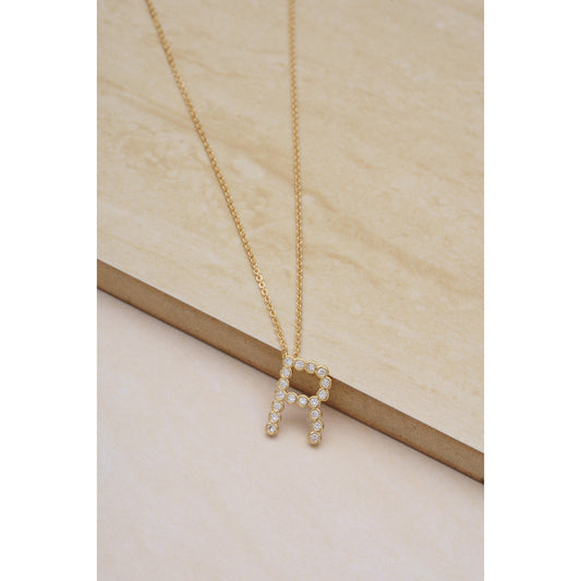 Ettika 16.5" Simple Crystal Initial "R" Pendant Necklace in 18k Gold Plate Over Brass and Steel