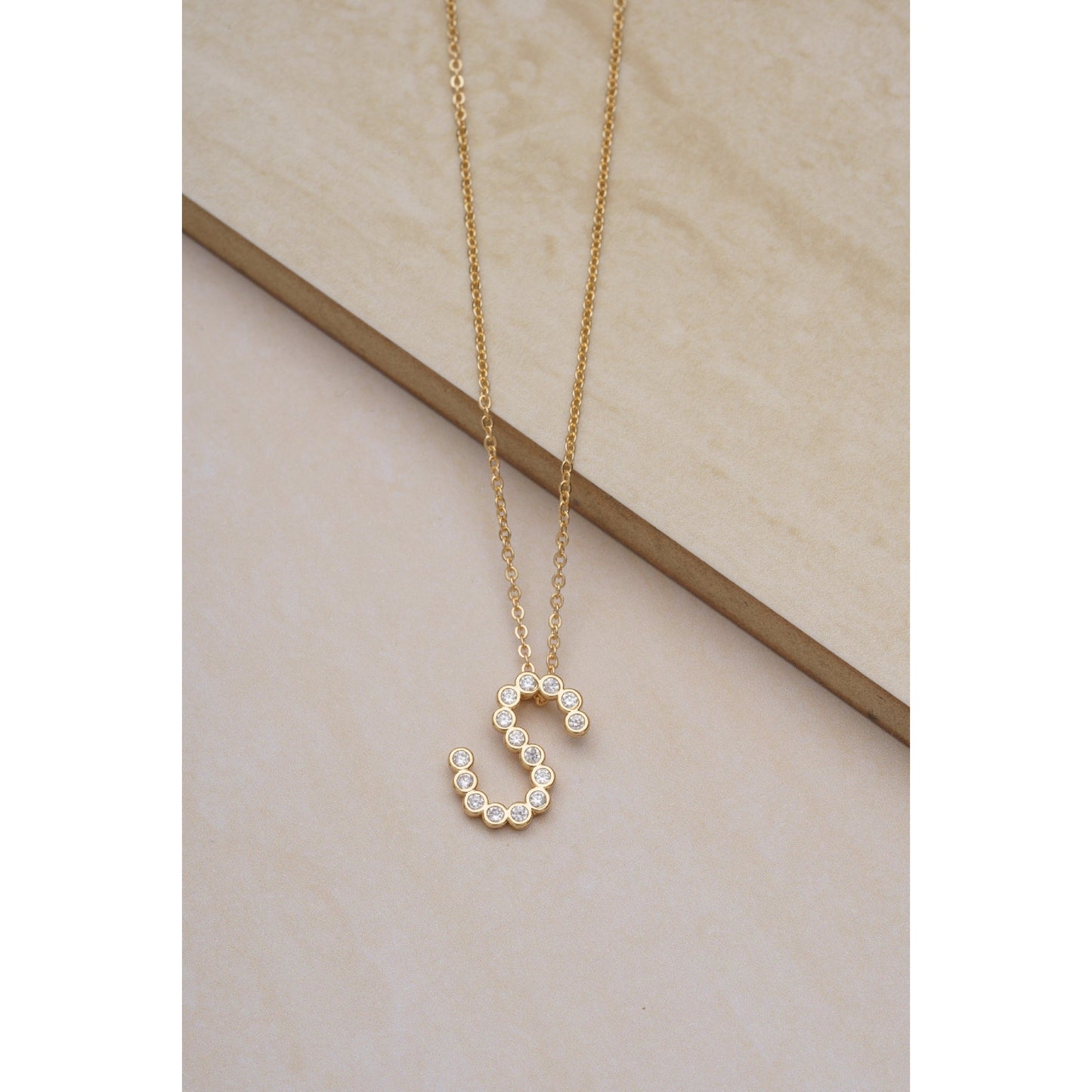 Ettika 16.5" Simple Crystal Initial "S" Pendant Necklace in 18k Gold Plate Over Brass and Steel