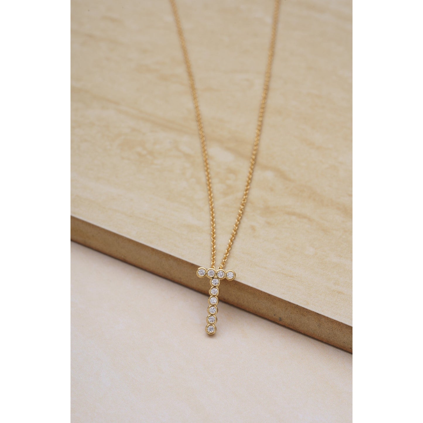 Ettika 16.5" Simple Crystal Initial "T" Pendant Necklace in 18k Gold Plate Over Brass and Steel