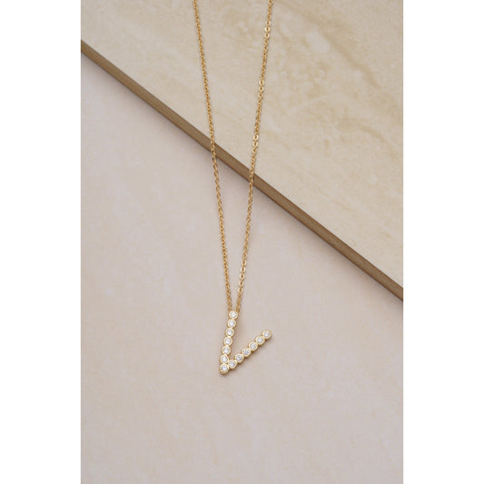 Ettika 16.5" Simple Crystal Initial "V" Pendant Necklace in 18k Gold Plate Over Brass and Steel