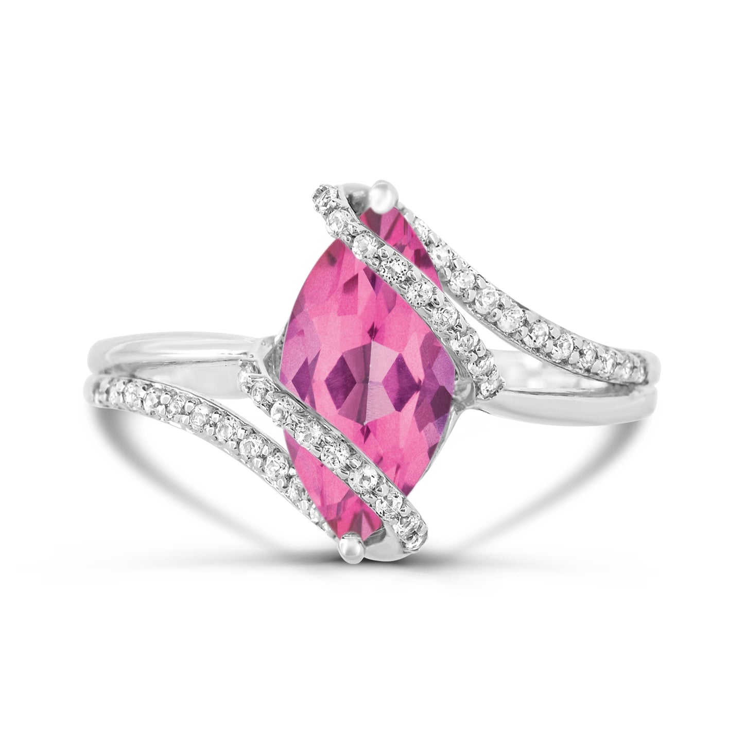 Anillo de plata de ley con zafiro rosa y topacio blanco creados