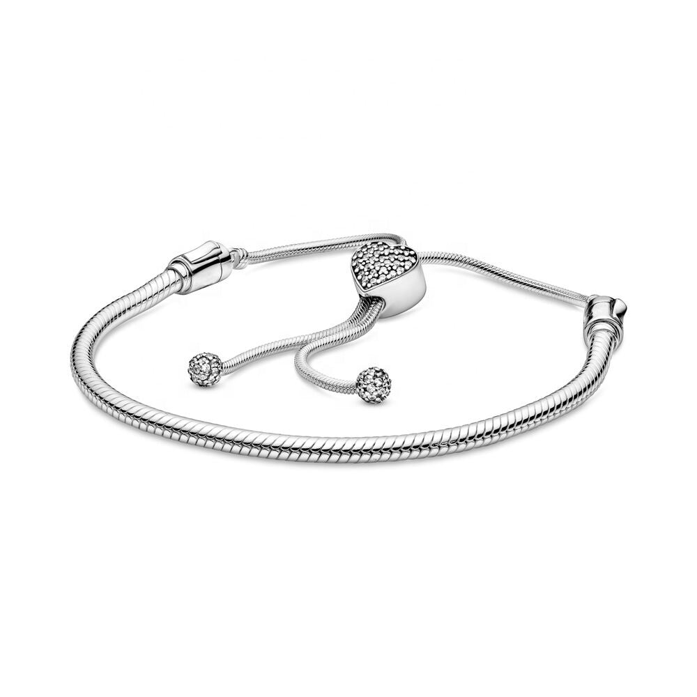 Ragazza Studio Women's Pavï¿½ Heart Clasp Snake Chain Slider Bracelet in 925 Sterling Silver