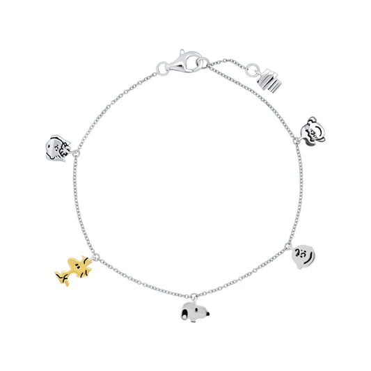 Crislu Peanuts Women's 0.1 ct. Cubic Zirconia Snoopy & The Gang Charm Bracelet in Pure Platinum Plated 925 Sterling Silver