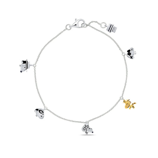 Crislu Peanuts Women's 0.1 ct. Cubic Zirconia Snoopy & Woodstock Charm Bracelet in Pure Platinum Plated 925 Sterling Silver