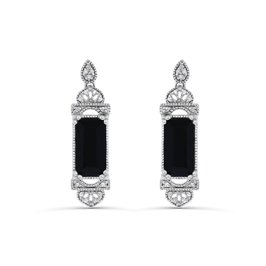 Sterling Silver Black Onyx and Diamonds Earrings