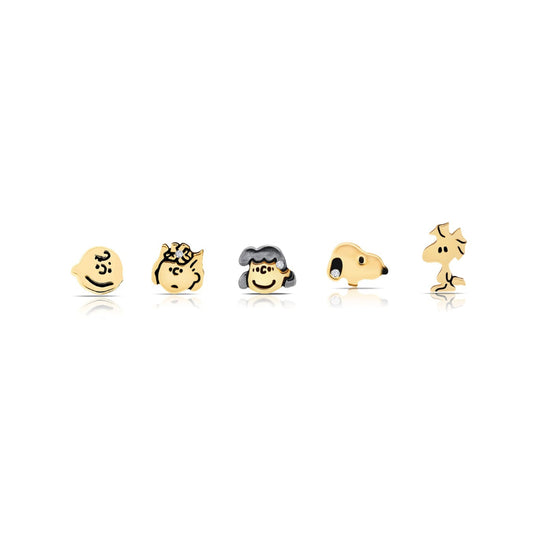 Pendientes de botón de Snoopy &amp; The Gang con circonita cúbica de 0,2 ct para mujer de Crislu Peanuts en plata de ley 925 bañada en oro amarillo de 18 quilates