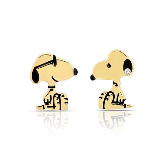 Pendientes de botón de Snoopy con circonita cúbica de 0,1 ct para mujer de Crislu Peanuts en plata de ley 925 bañada en oro amarillo de 18 quilates