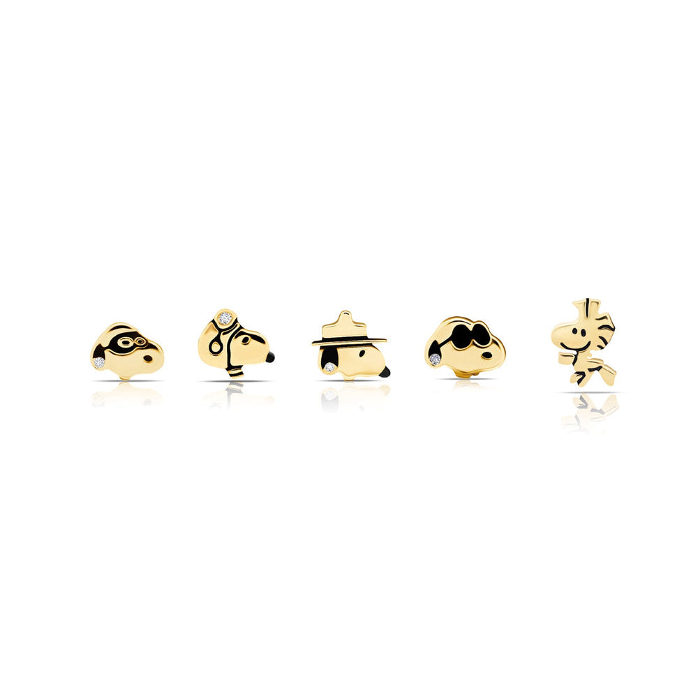 Pendientes de botón de Snoopy y Woodstock con circonita cúbica de 0,2 ct para mujer de Crislu Peanuts en plata de ley 925 bañada en oro amarillo de 18 quilates