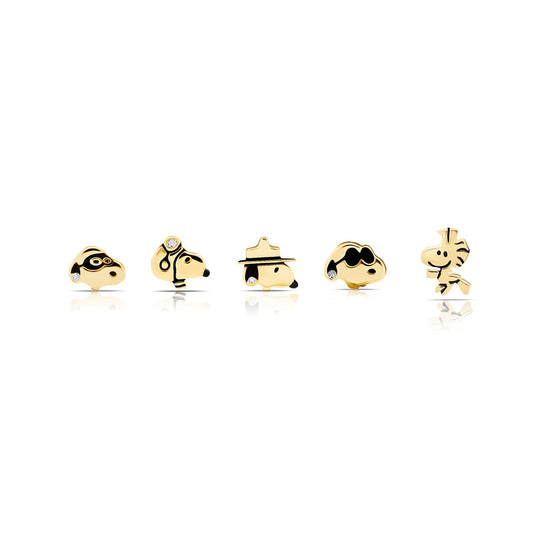 Pendientes de botón de Snoopy y Woodstock con circonita cúbica de 0,2 ct para mujer de Crislu Peanuts en plata de ley 925 bañada en oro amarillo de 18 quilates