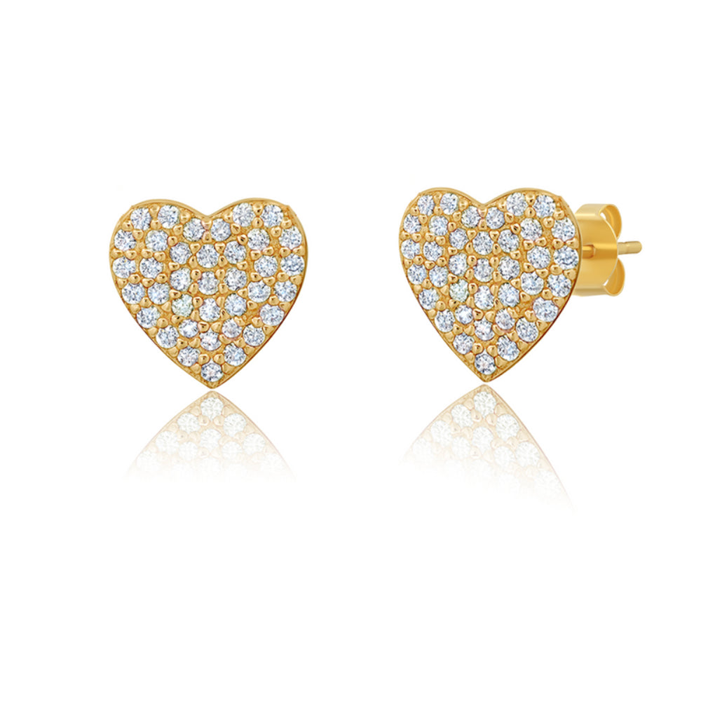 Crislu Women's Pave Heart Stud Earrings in 18K Yellow Gold Plated 925 Sterling Silver