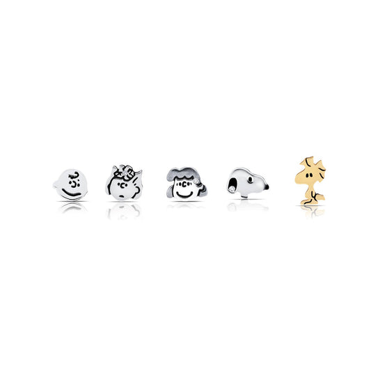 Pendientes de botón de Snoopy &amp; The Gang con circonita cúbica de 0,1 ct para mujer de Crislu Peanuts en plata de ley 925 bañada en platino puro