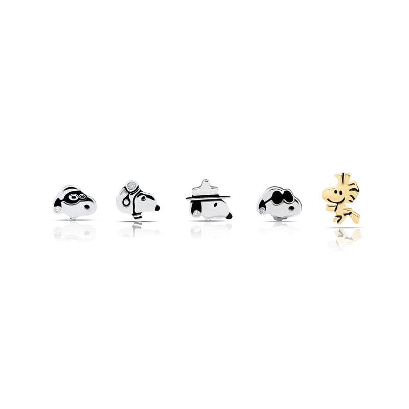 Pendientes de botón de Snoopy y Woodstock con circonita cúbica de 0,1 ct para mujer de Crislu Peanuts en plata de ley 925 bañada en platino puro