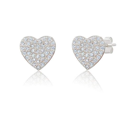 Crislu Women's Pave Heart Stud Earrings in Pure Platinum Plated 925 Sterling Silver