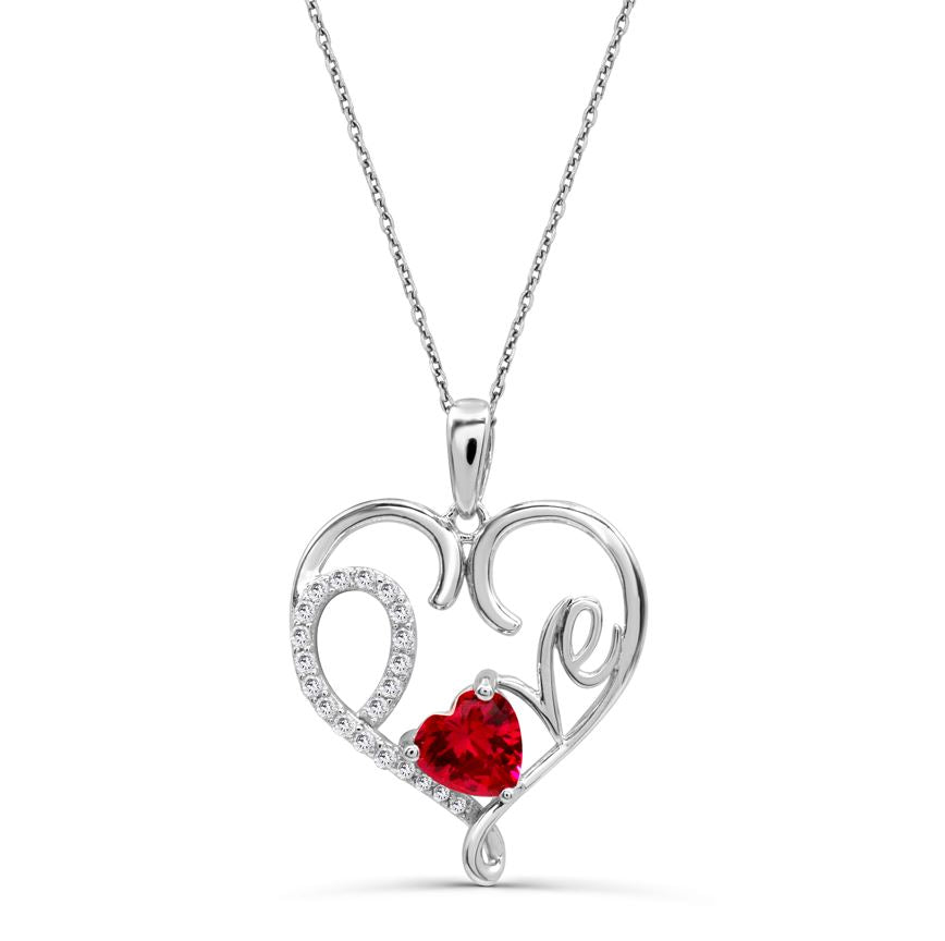 Sterling Silver Created Ruby & Created White Saphire Love Heart Necklace