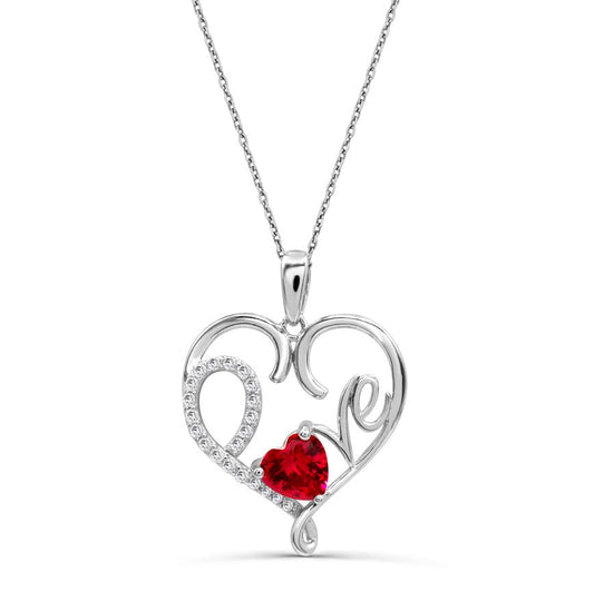 Sterling Silver Created Ruby & Created White Saphire Love Heart Necklace