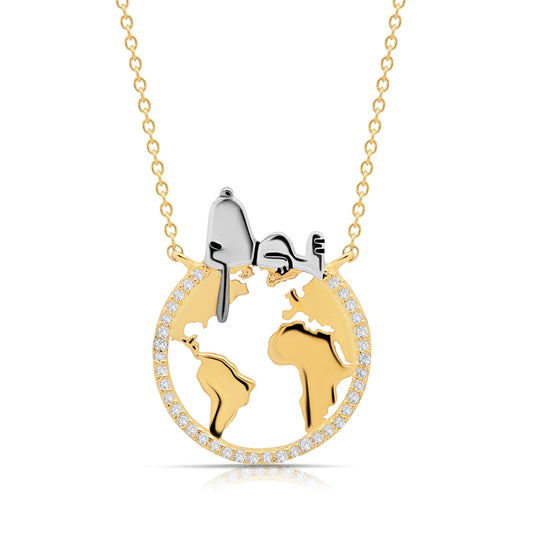 Crislu Peanuts 0.2 ct. Cubic Zirconia Snoopy On The World Necklace in 18K Yellow Gold Plated 925 Sterling Silver