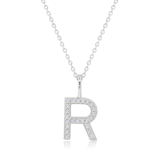 Crislu Letter "R" 18" 0.115 ct. Cubic Zirconia Initial Pendant Necklace in Pure Platinum Plated 925 Sterling Silver