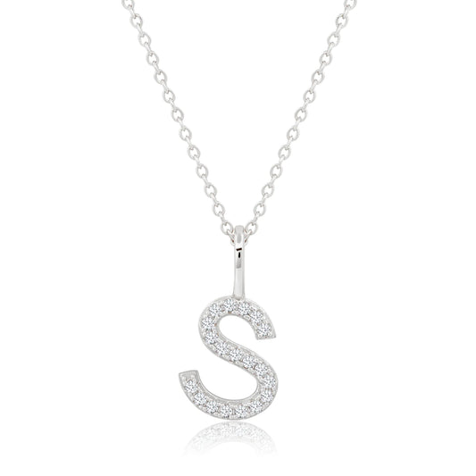 Crislu Letter "S" 18" 0.115 ct. Cubic Zirconia Initial Pendant Necklace in Pure Platinum Plated 925 Sterling Silver