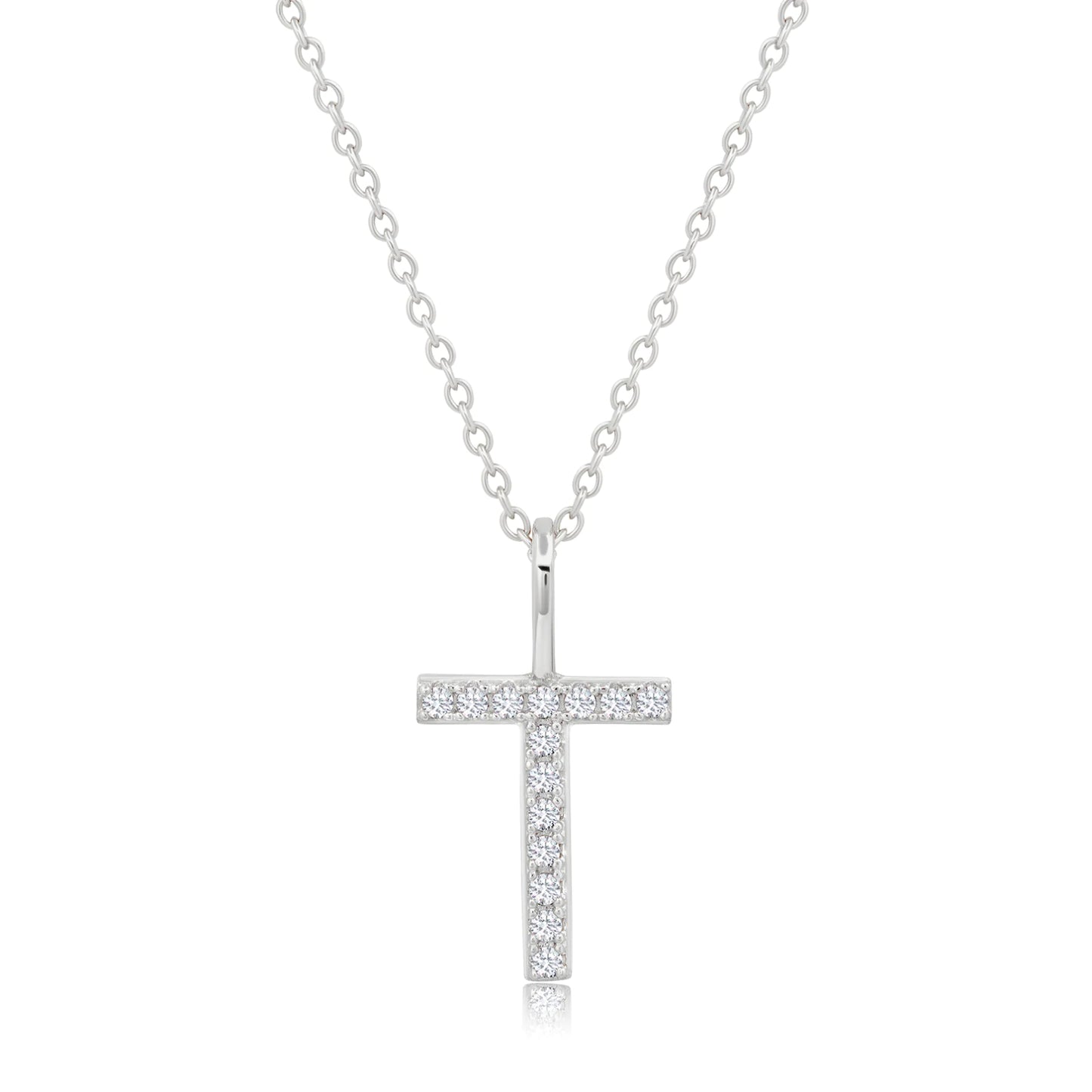 Crislu Letter "T" 18" 0.115 ct. Cubic Zirconia Initial Pendant Necklace in Pure Platinum Plated 925 Sterling Silver