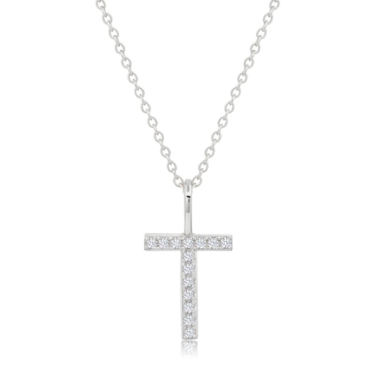 Crislu Letter "T" 18" 0.115 ct. Cubic Zirconia Initial Pendant Necklace in Pure Platinum Plated 925 Sterling Silver